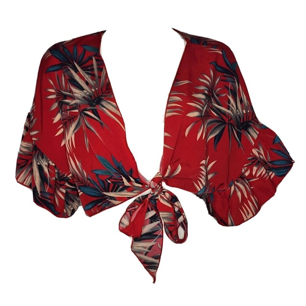 Shein Curve Top Womens Plus Size 1X Red Floral Short Sleeve Crop Tie Front - Picture 1 of 7